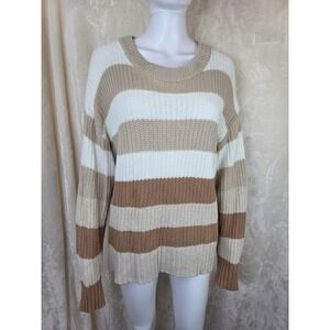 Time and Tru Womens Large 12-14 Striped Chunky Knit Crew Neck Sweater Neutral